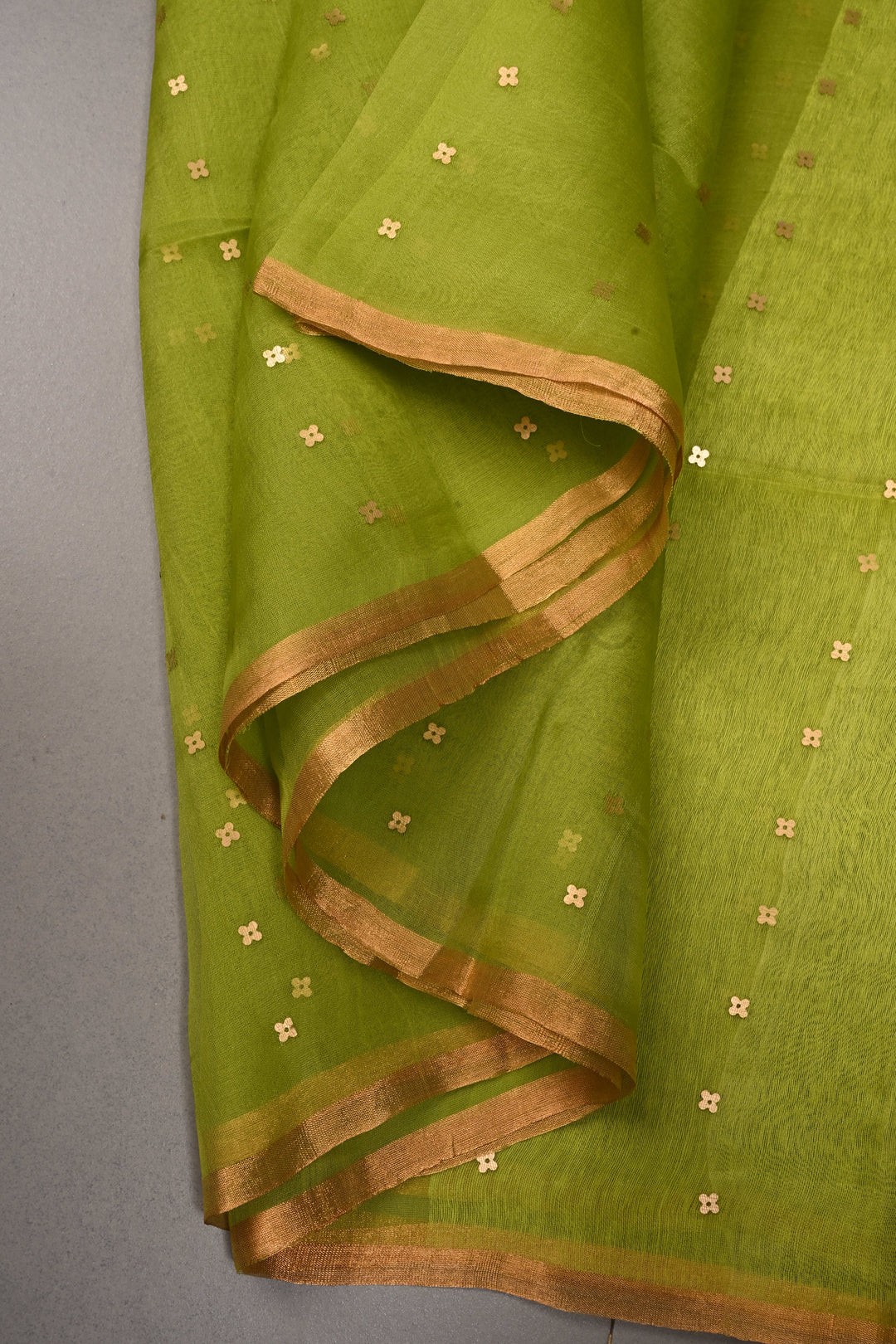 Parrot Green  Matka Muslin Silk Saree with Pocket Sequins and Minimal Zari Border | SILK MARK CERTIFIED | SHOBITAM