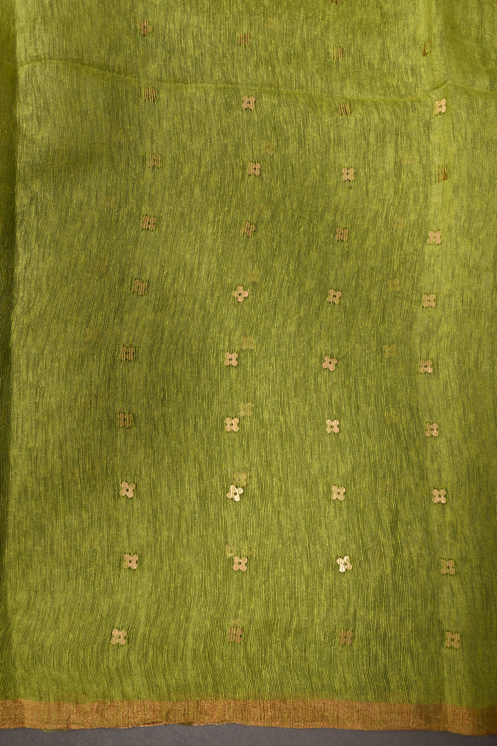 Parrot Green  Matka Muslin Silk Saree with Pocket Sequins and Minimal Zari Border | SILK MARK CERTIFIED | SHOBITAM