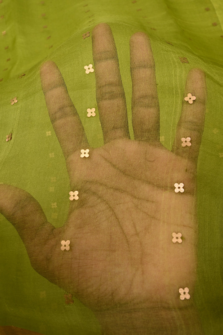 Parrot Green  Matka Muslin Silk Saree with Pocket Sequins and Minimal Zari Border | SILK MARK CERTIFIED | SHOBITAM