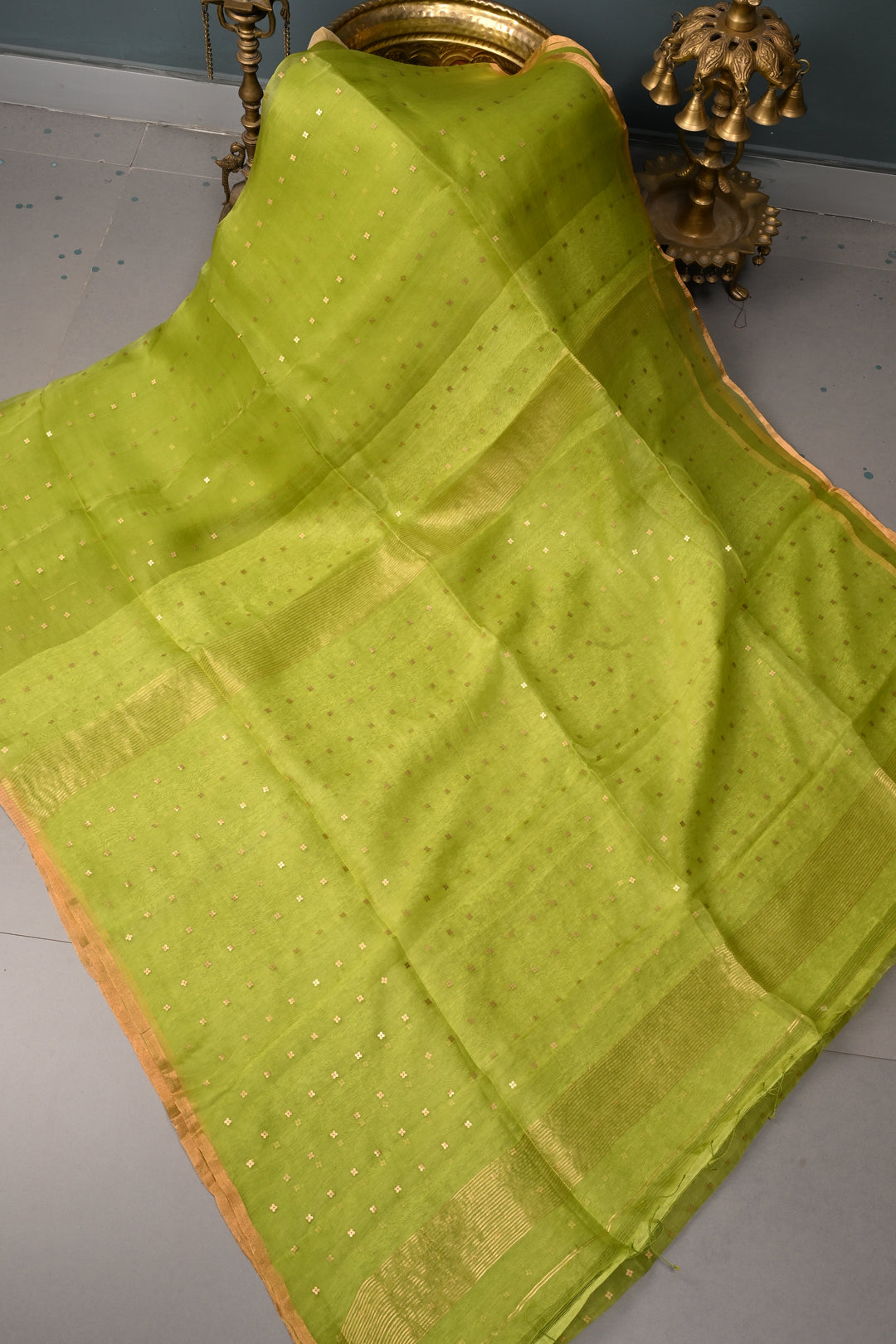 Parrot Green  Matka Muslin Silk Saree with Pocket Sequins and Minimal Zari Border | SILK MARK CERTIFIED | SHOBITAM