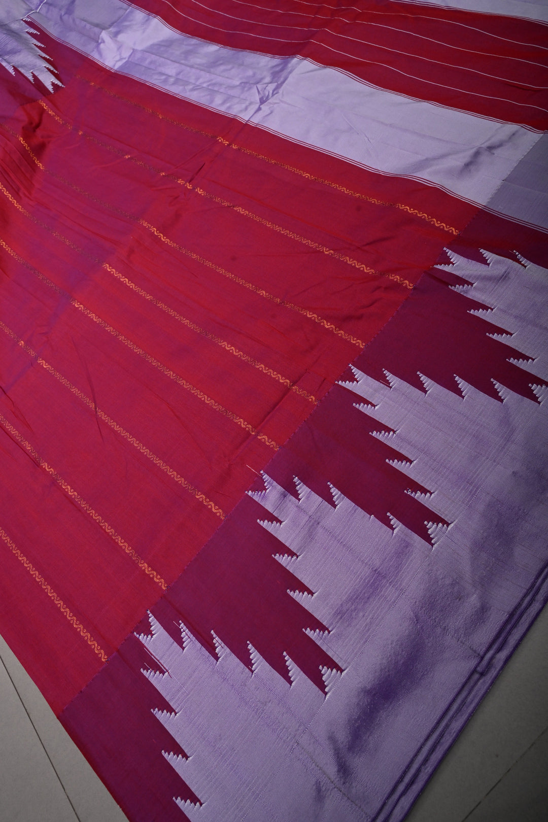 Pink Dual Tone Ilkal Weave Art Silk Bagalkote Saree with Zari Veldhari  Horizontal Stripes and Contrast Temple Border | SHOBITAM