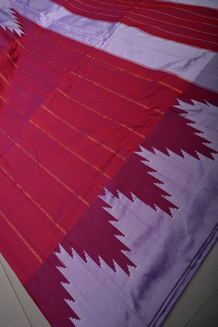 Pink Dual Tone Ilkal Weave Art Silk Bagalkote Saree with Zari Veldhari  Horizontal Stripes and Contrast Temple Border | SHOBITAM