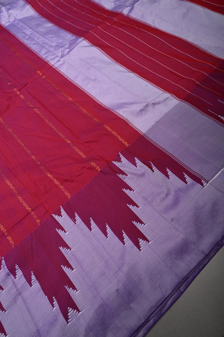 Pink Dual Tone Ilkal Weave Art Silk Bagalkote Saree with Zari Veldhari  Horizontal Stripes and Contrast Temple Border | SHOBITAM