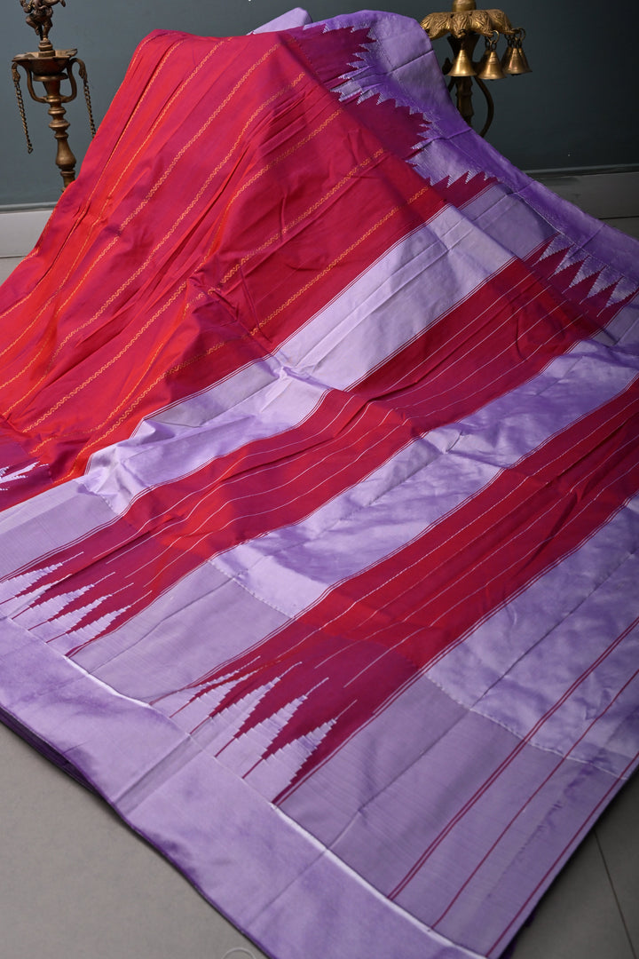 Pink Dual Tone Ilkal Weave Art Silk Bagalkote Saree with Zari Veldhari  Horizontal Stripes and Contrast Temple Border | SHOBITAM