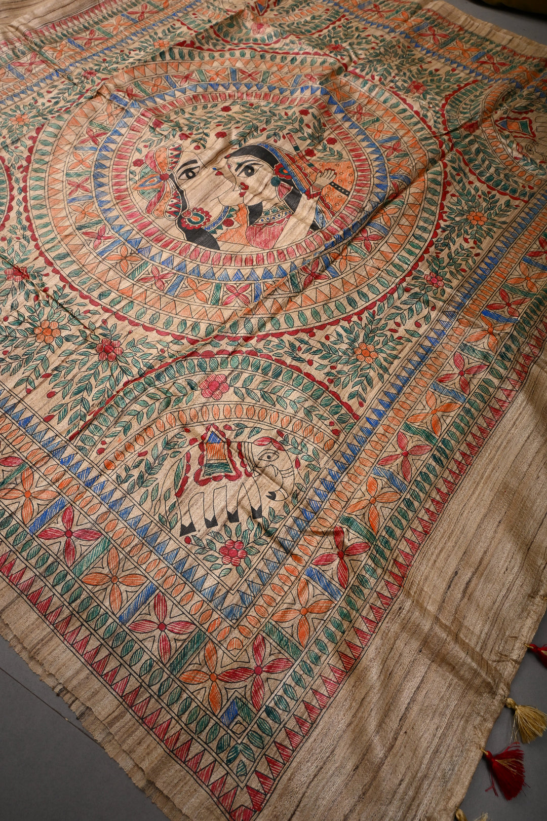 Kora Color Madhubani hand painting on Geecha Tussar Silk Saree | SILK MARK CERTIFIED | SHOBITAM