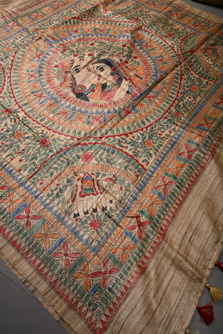 Kora Color Madhubani hand painting on Geecha Tussar Silk Saree | SILK MARK CERTIFIED | SHOBITAM