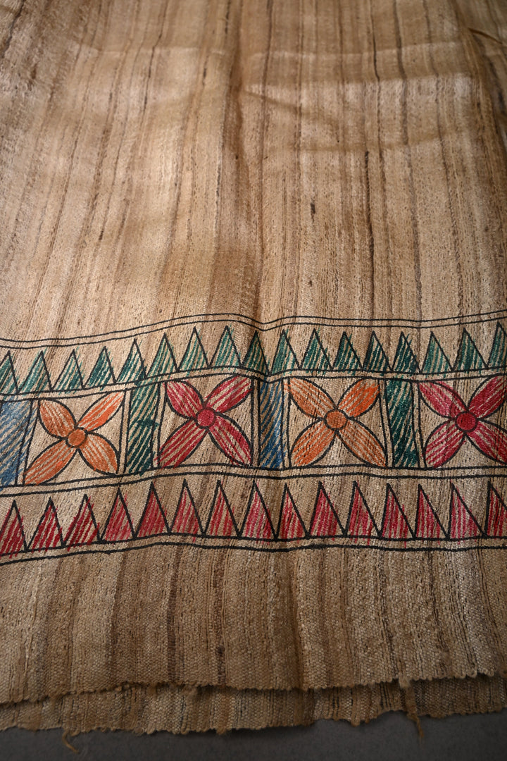 Kora Color Madhubani hand painting on Geecha Tussar Silk Saree | SILK MARK CERTIFIED | SHOBITAM