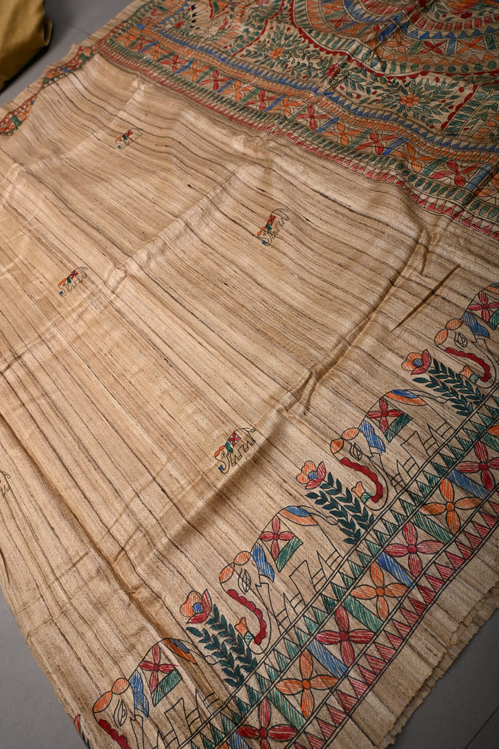Kora Color Madhubani hand painting on Geecha Tussar Silk Saree | SILK MARK CERTIFIED | SHOBITAM