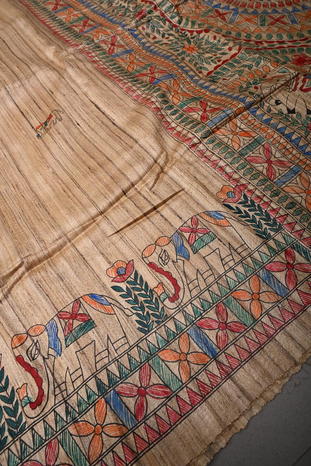 Kora Color Madhubani hand painting on Geecha Tussar Silk Saree | SILK MARK CERTIFIED | SHOBITAM