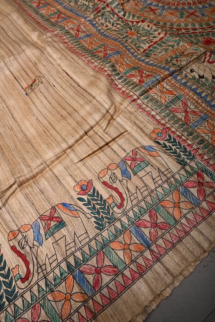 Kora Color Madhubani hand painting on Geecha Tussar Silk Saree | SILK MARK CERTIFIED | SHOBITAM