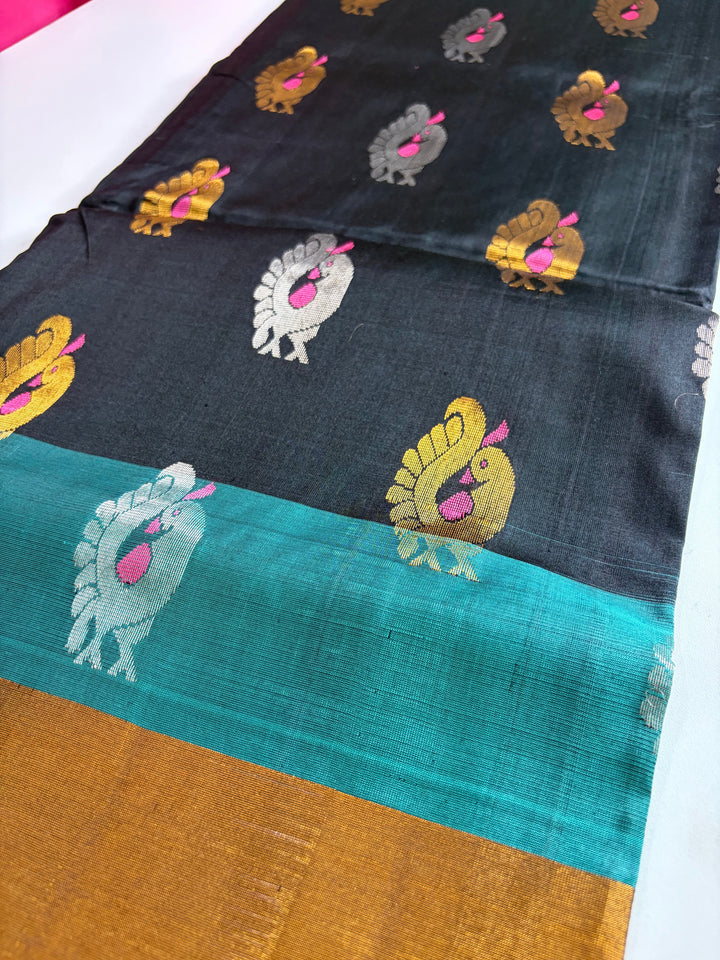 That Black & Teal Saree - Handwoven Uppada Silk Saree | SILK MARK CERTIFIED | SHOBITAM