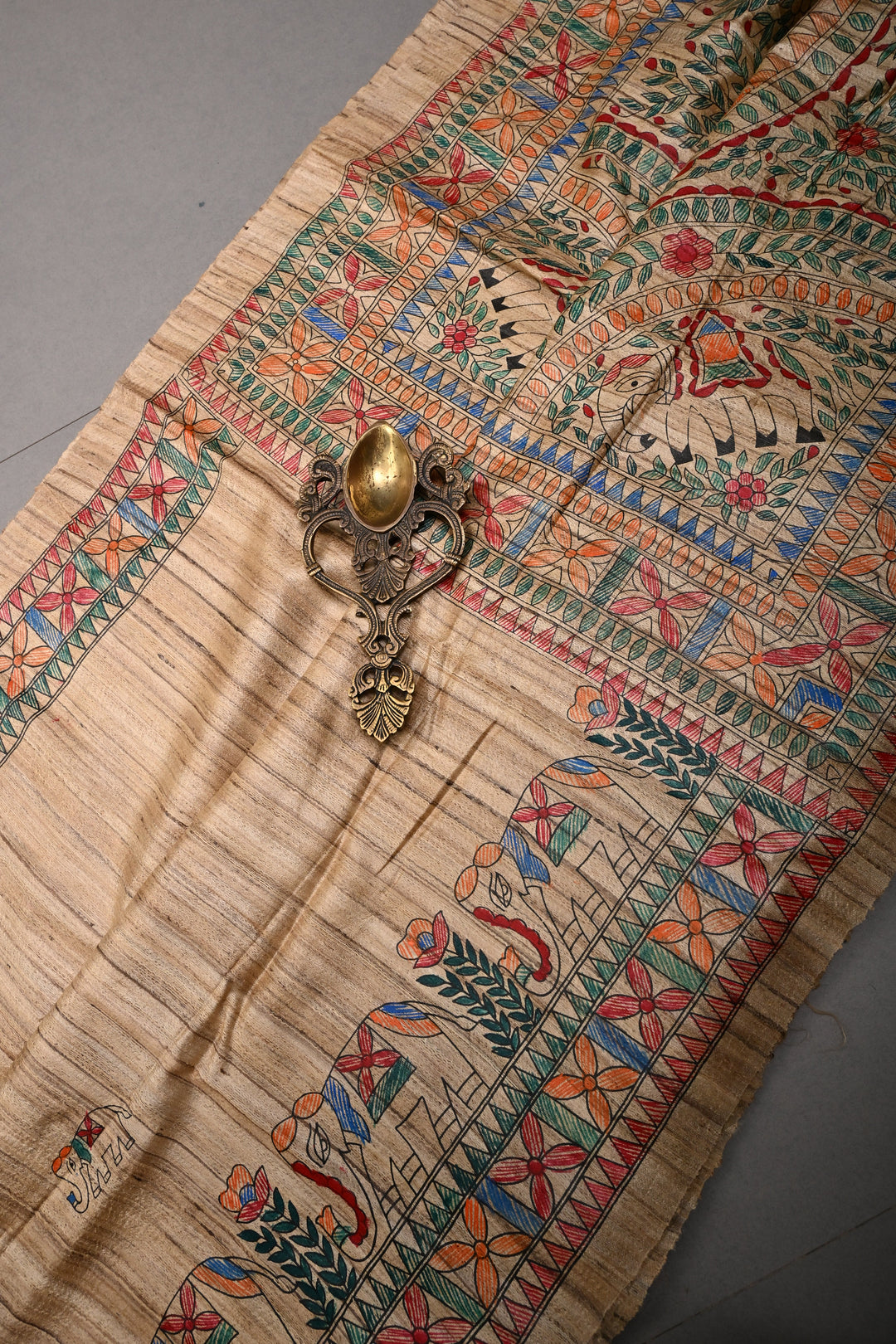 Kora Color Madhubani hand painting on Geecha Tussar Silk Saree | SILK MARK CERTIFIED | SHOBITAM