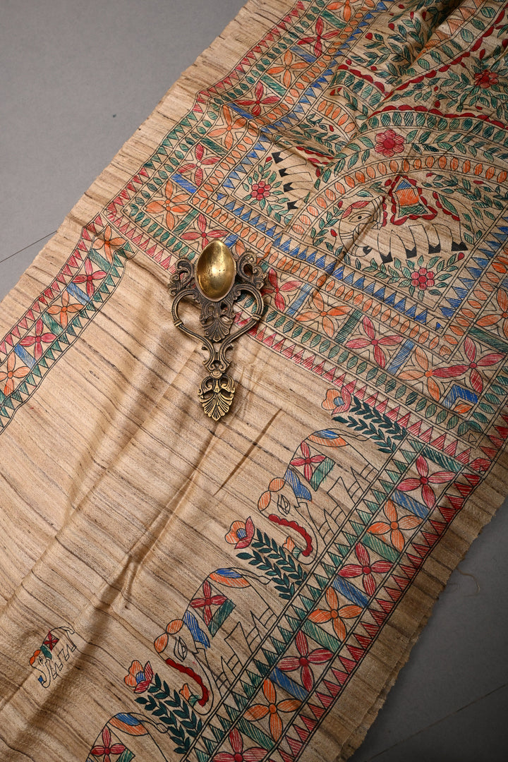 Kora Color Madhubani hand painting on Geecha Tussar Silk Saree | SILK MARK CERTIFIED | SHOBITAM