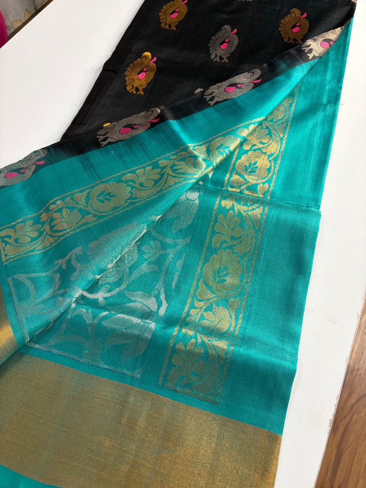 That Black & Teal Saree - Handwoven Uppada Silk Saree | SILK MARK CERTIFIED | SHOBITAM