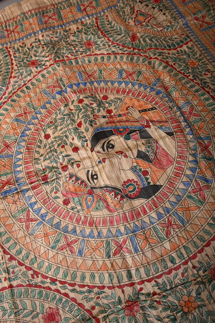 Kora Color Madhubani hand painting on Geecha Tussar Silk Saree | SILK MARK CERTIFIED | SHOBITAM
