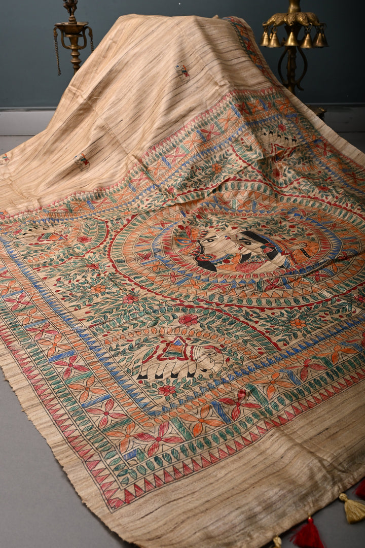 Kora Color Madhubani hand painting on Geecha Tussar Silk Saree | SILK MARK CERTIFIED | SHOBITAM