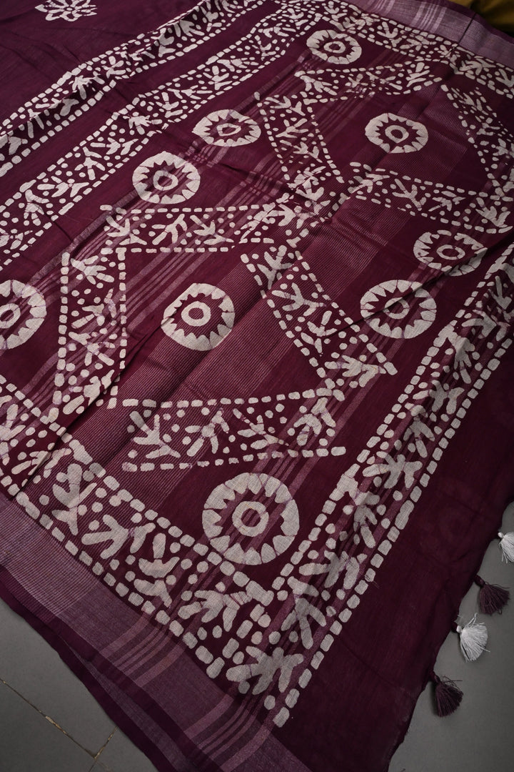 Dark Plum Bhagalpuri Mercerized Cotton Slub Unique Batik Print Saree | SHOBITAM