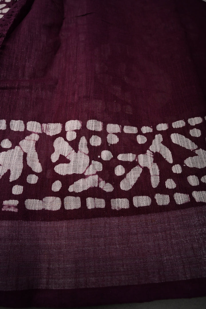 Dark Plum Bhagalpuri Mercerized Cotton Slub Unique Batik Print Saree | SHOBITAM
