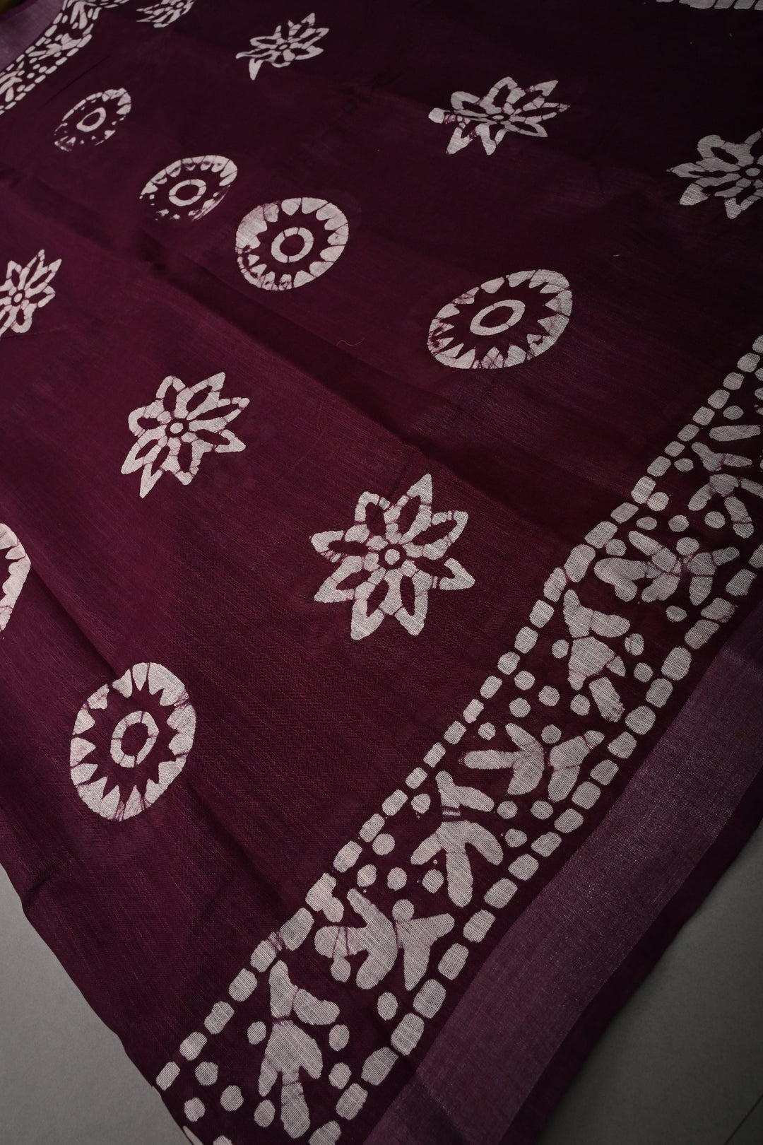 Dark Plum Bhagalpuri Mercerized Cotton Slub Unique Batik Print Saree | SHOBITAM