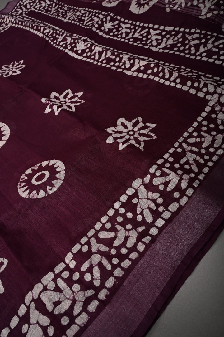 Dark Plum Bhagalpuri Mercerized Cotton Slub Unique Batik Print Saree | SHOBITAM