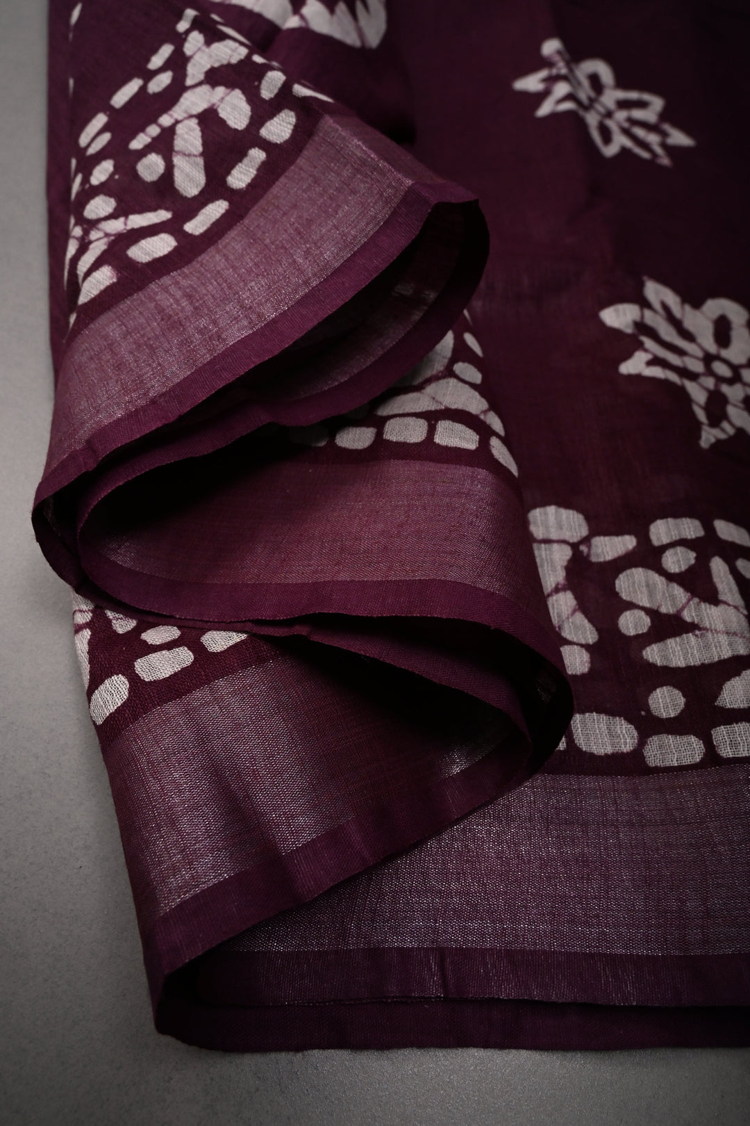 Dark Plum Bhagalpuri Mercerized Cotton Slub Unique Batik Print Saree | SHOBITAM