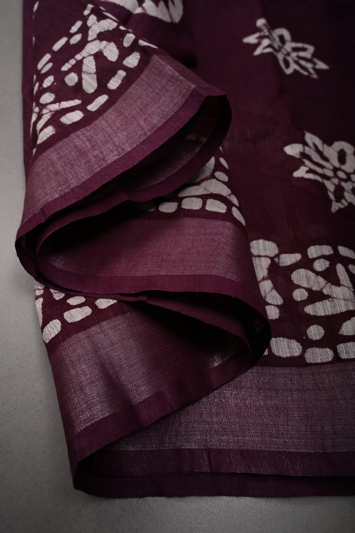 Dark Plum Bhagalpuri Mercerized Cotton Slub Unique Batik Print Saree | SHOBITAM