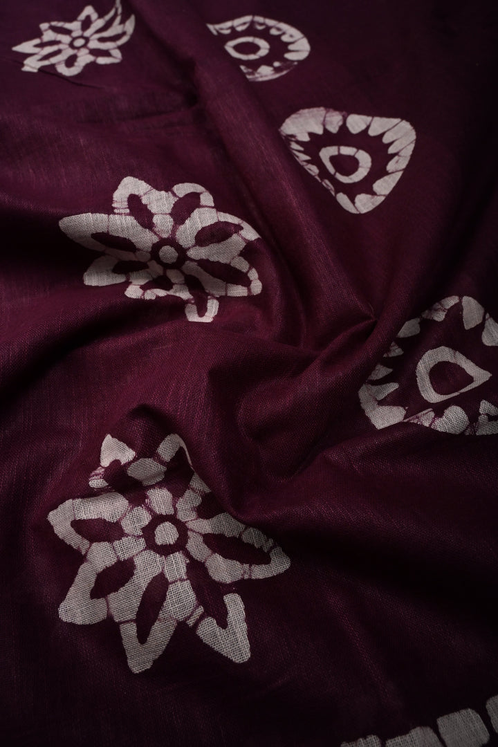 Dark Plum Bhagalpuri Mercerized Cotton Slub Unique Batik Print Saree | SHOBITAM