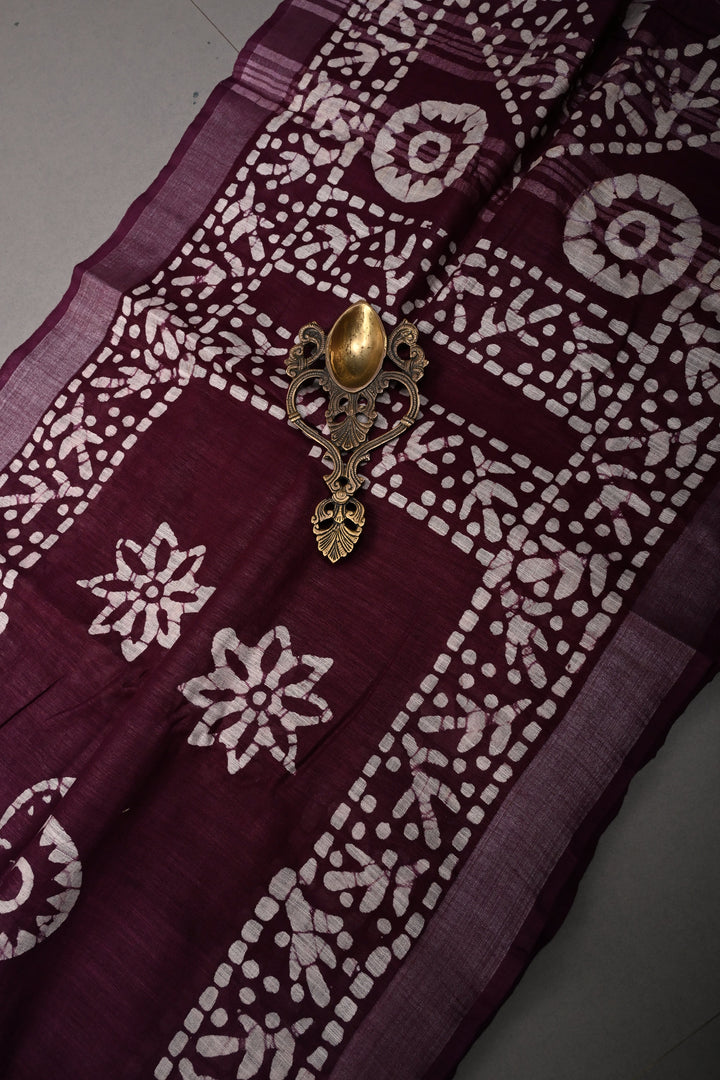 Dark Plum Bhagalpuri Mercerized Cotton Slub Unique Batik Print Saree | SHOBITAM