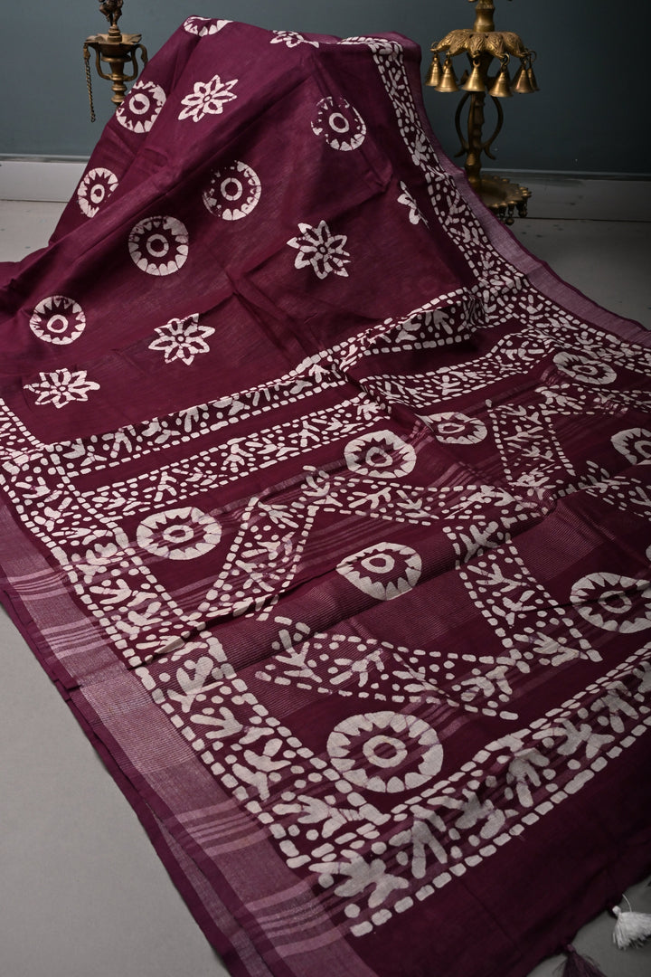 Dark Plum Bhagalpuri Mercerized Cotton Slub Unique Batik Print Saree | SHOBITAM