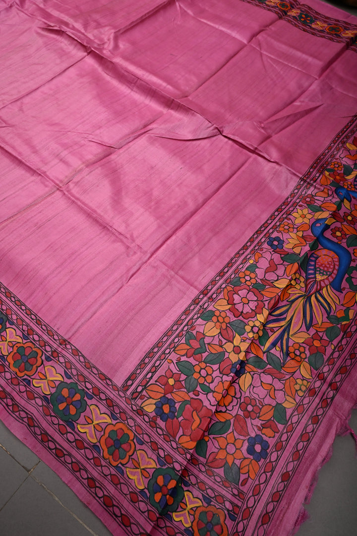 Pink Handloom Tussar Hand Painted Madhubani Silk Saree with Border  | SILK MARK CERTIFIED | SHOBITAM