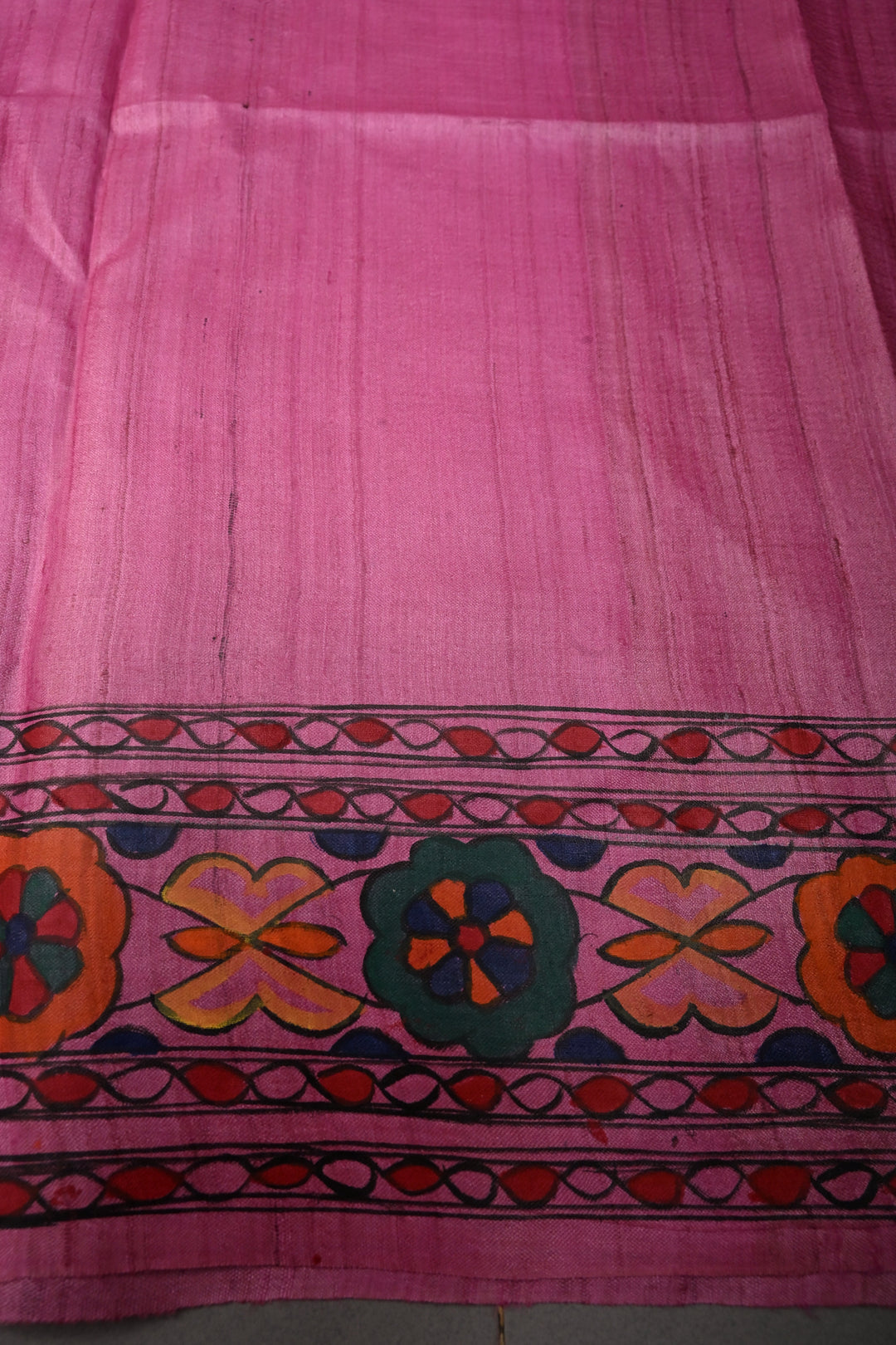 Pink Handloom Tussar Hand Painted Madhubani Silk Saree with Border  | SILK MARK CERTIFIED | SHOBITAM