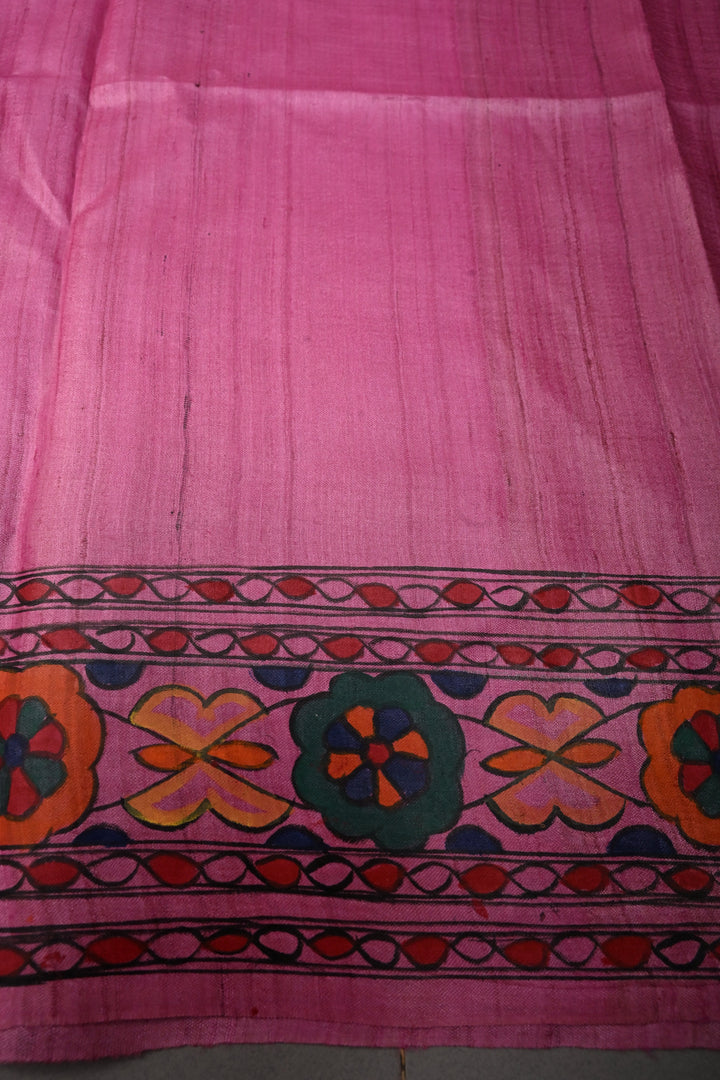 Pink Handloom Tussar Hand Painted Madhubani Silk Saree with Border  | SILK MARK CERTIFIED | SHOBITAM