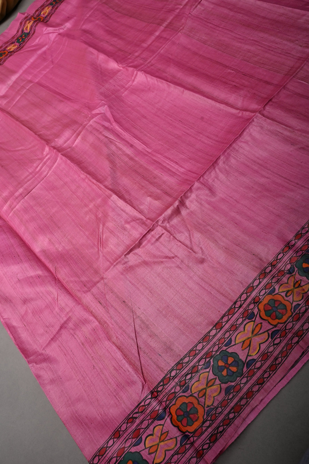 Pink Handloom Tussar Hand Painted Madhubani Silk Saree with Border  | SILK MARK CERTIFIED | SHOBITAM