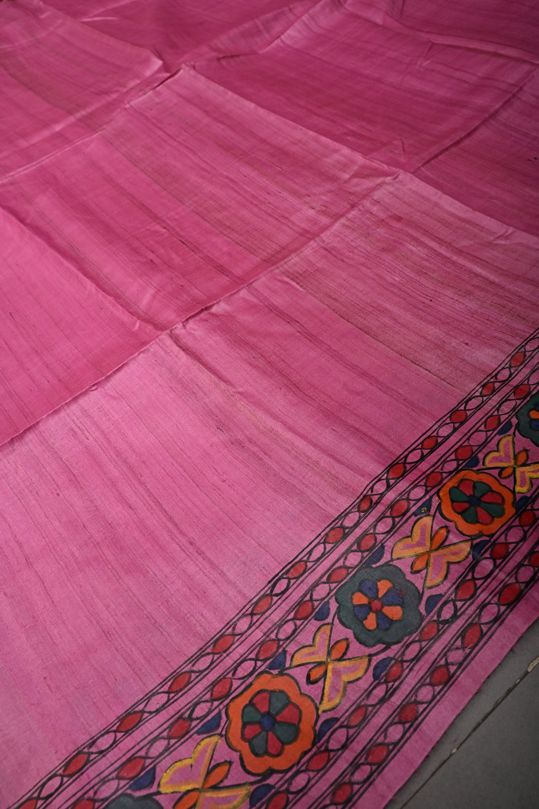 Pink Handloom Tussar Hand Painted Madhubani Silk Saree with Border  | SILK MARK CERTIFIED | SHOBITAM