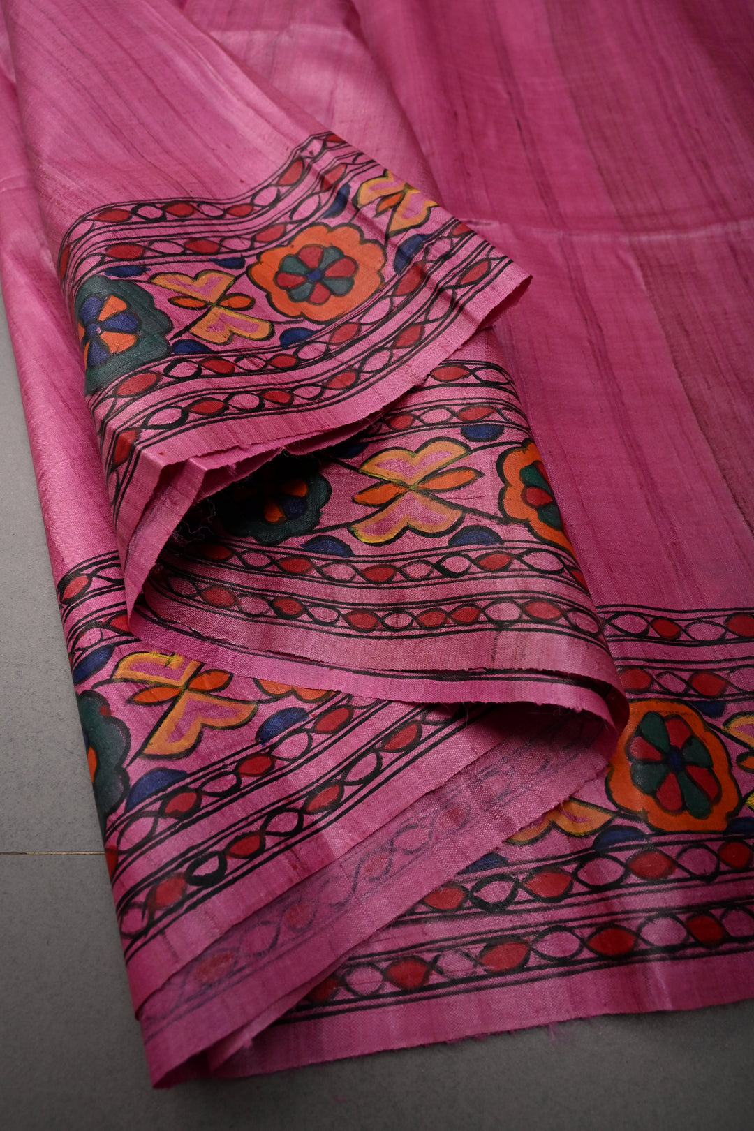 Pink Handloom Tussar Hand Painted Madhubani Silk Saree with Border  | SILK MARK CERTIFIED | SHOBITAM