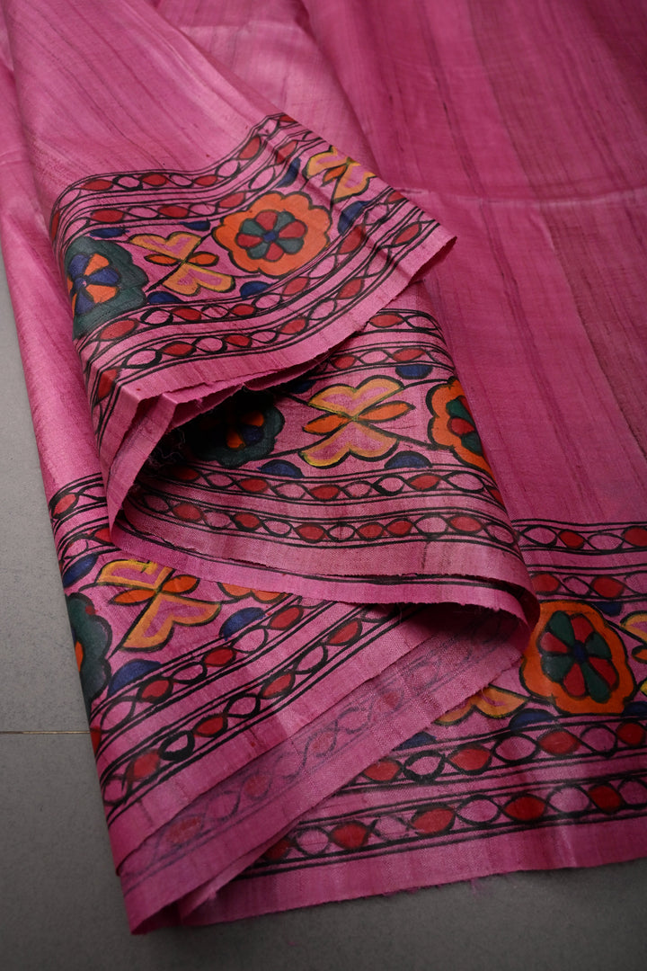 Pink Handloom Tussar Hand Painted Madhubani Silk Saree with Border  | SILK MARK CERTIFIED | SHOBITAM