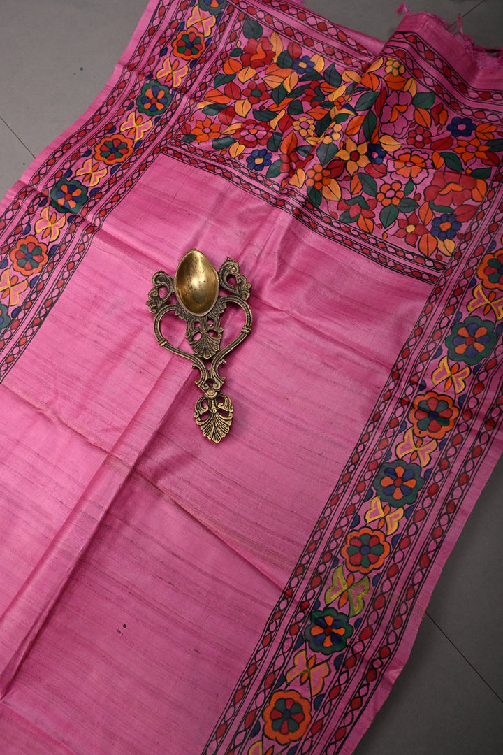 Pink Handloom Tussar Hand Painted Madhubani Silk Saree with Border  | SILK MARK CERTIFIED | SHOBITAM