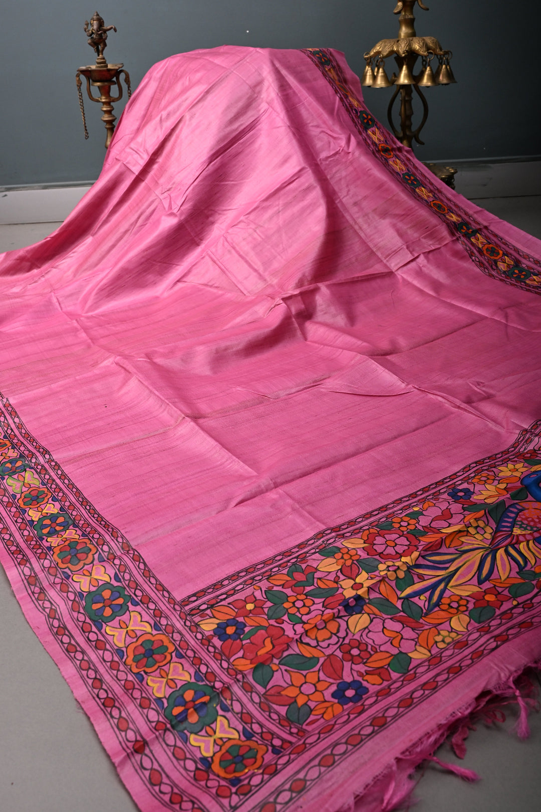 Pink Handloom Tussar Hand Painted Madhubani Silk Saree with Border  | SILK MARK CERTIFIED | SHOBITAM