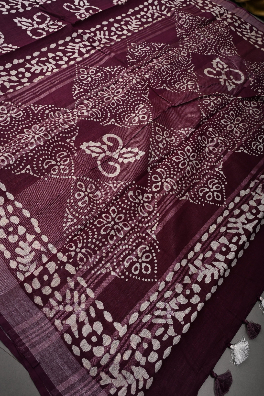 Plum Bhagalpuri Mercerized Cotton Slub Unique Batik Print Saree | SHOBITAM