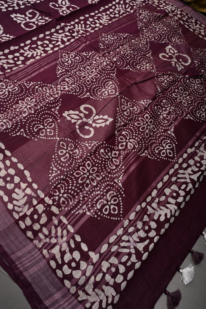Plum Bhagalpuri Mercerized Cotton Slub Unique Batik Print Saree | SHOBITAM