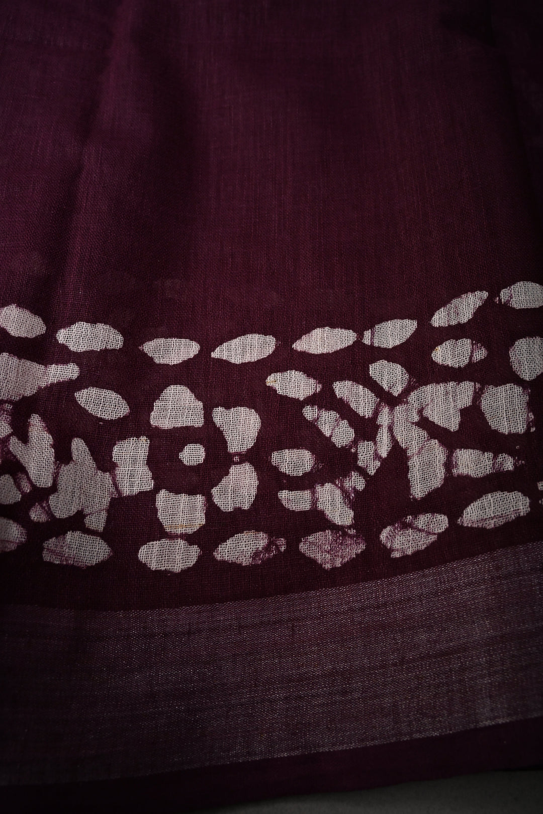 Plum Bhagalpuri Mercerized Cotton Slub Unique Batik Print Saree | SHOBITAM