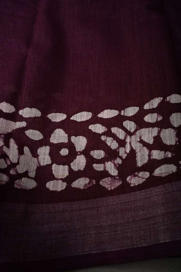 Plum Bhagalpuri Mercerized Cotton Slub Unique Batik Print Saree | SHOBITAM