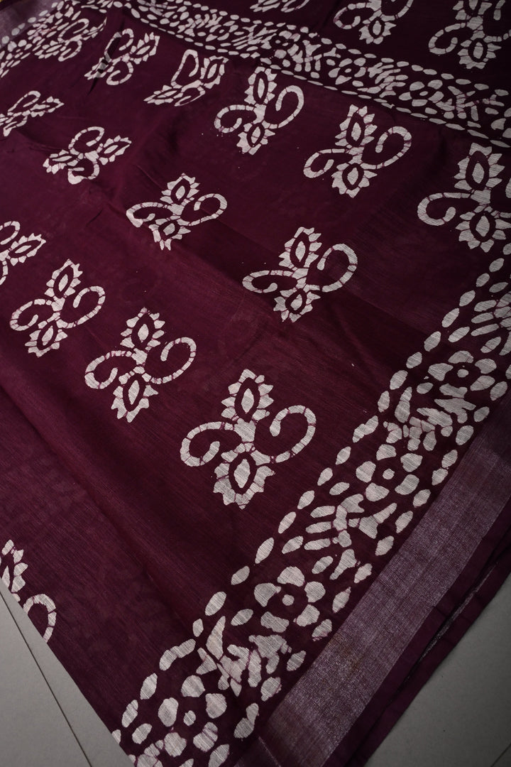 Plum Bhagalpuri Mercerized Cotton Slub Unique Batik Print Saree | SHOBITAM