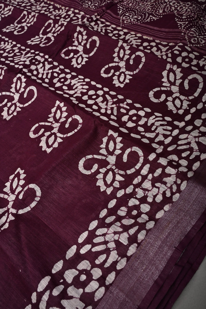 Plum Bhagalpuri Mercerized Cotton Slub Unique Batik Print Saree | SHOBITAM