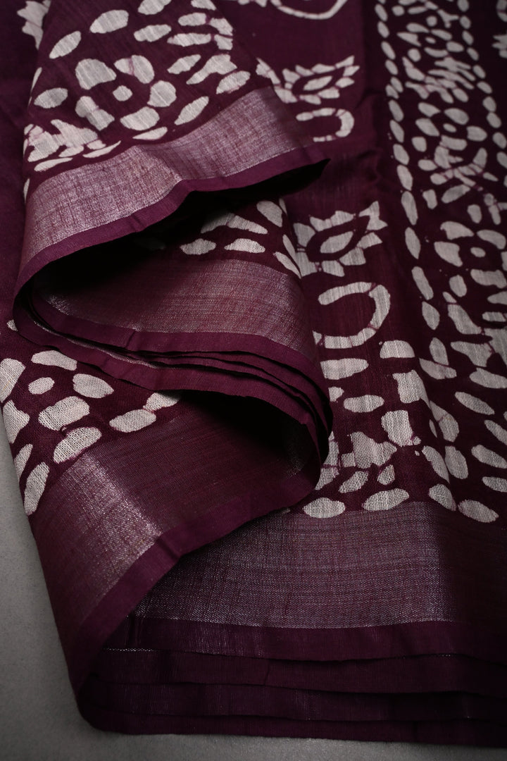 Plum Bhagalpuri Mercerized Cotton Slub Unique Batik Print Saree | SHOBITAM