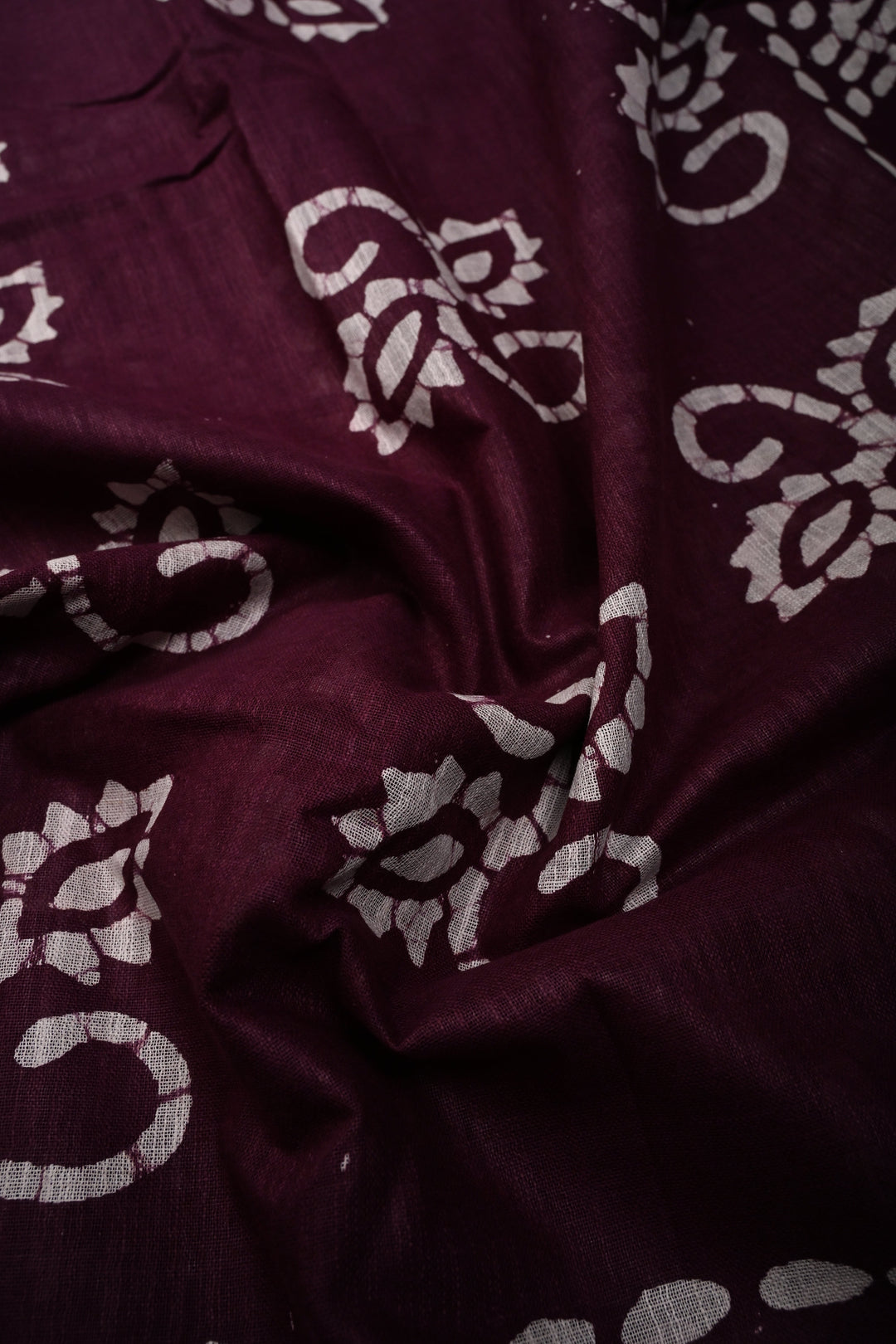 Plum Bhagalpuri Mercerized Cotton Slub Unique Batik Print Saree | SHOBITAM