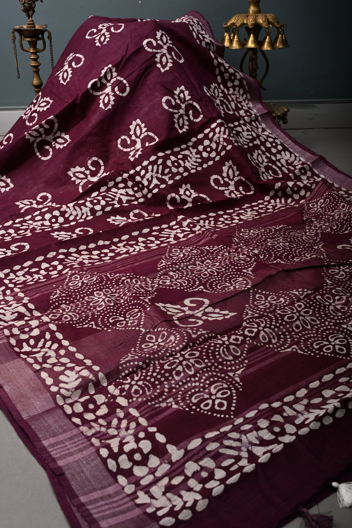 Plum Bhagalpuri Mercerized Cotton Slub Unique Batik Print Saree | SHOBITAM