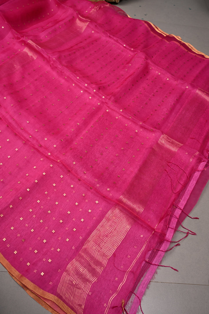 Rani Pink Matka Muslin Silk Saree with Pocket Sequins and Minimal Zari Border | SILK MARK CERTIFIED | SHOBITAM
