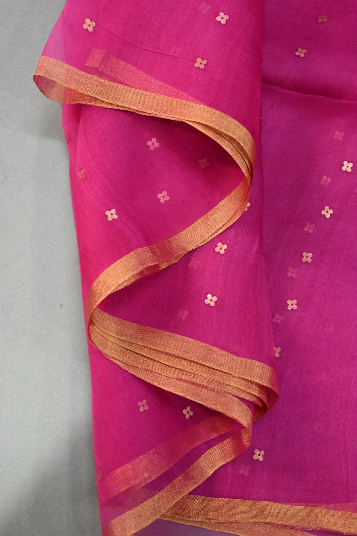 Rani Pink Matka Muslin Silk Saree with Pocket Sequins and Minimal Zari Border | SILK MARK CERTIFIED | SHOBITAM