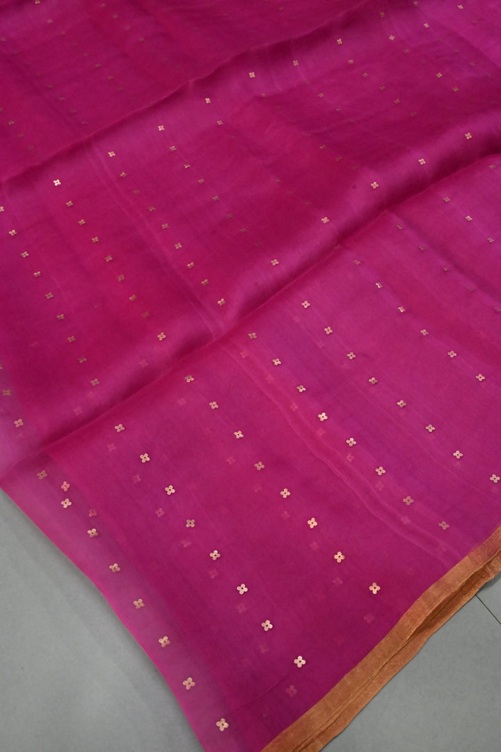 Rani Pink Matka Muslin Silk Saree with Pocket Sequins and Minimal Zari Border | SILK MARK CERTIFIED | SHOBITAM